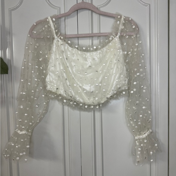 Lush Tops - Lush Ivory Polka-Dot Sheer Sleeve Crop Top